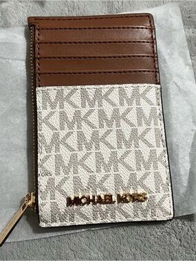 Michael Kors Beige Monogram Card Case with Brown Leather